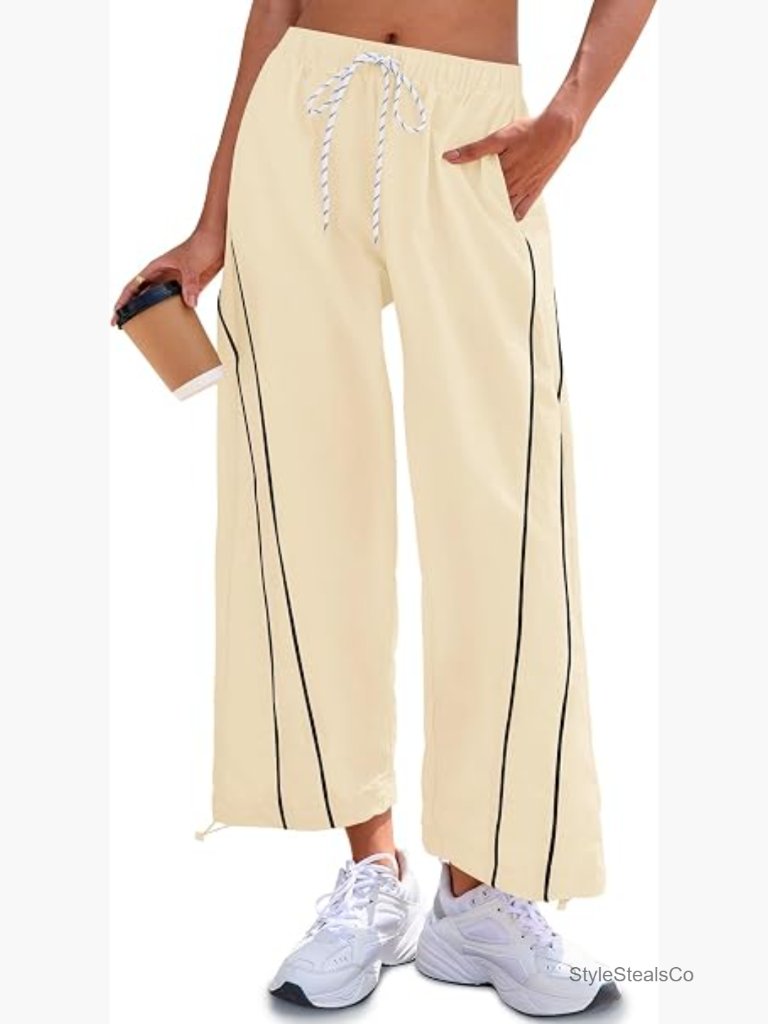 Baggy Wide Leg Pants Elastic Waist Drawstring Hiking Workout Cropped Pants With
